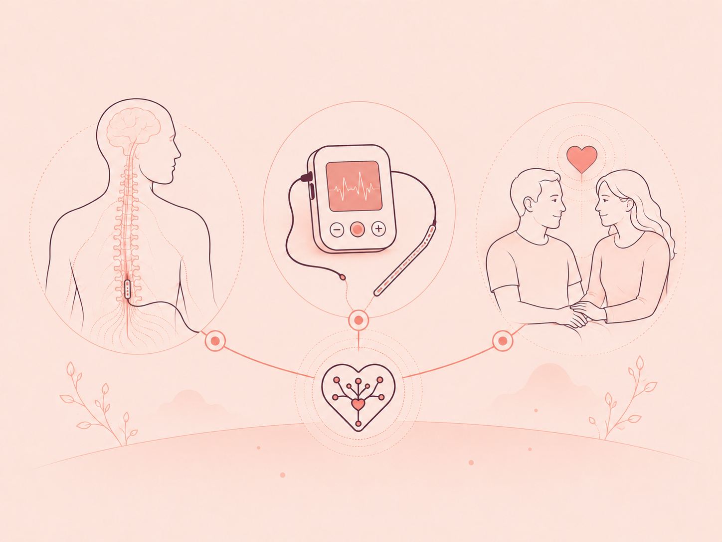 Illustration showing spinal neuromodulation, device, and restored connection